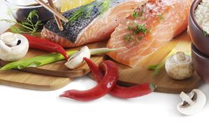 salmon steak with rice, vegetables and soy sauce