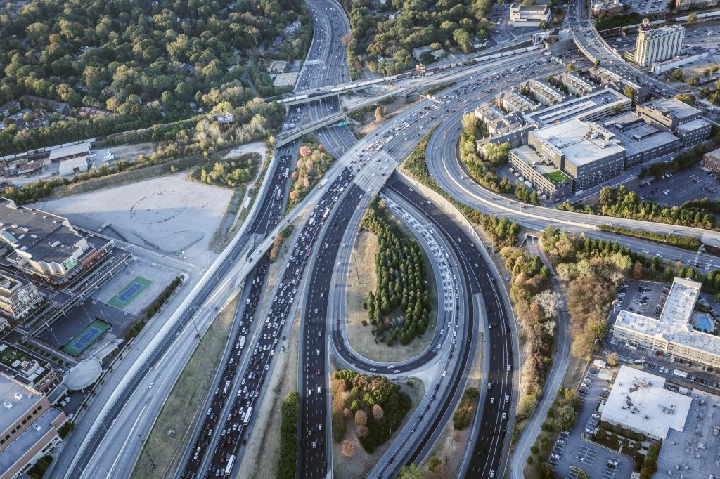 Aerial view of traffic in Atlanta at rush hour.